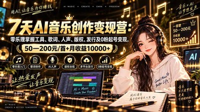AI音乐创作变现营：零乐理掌握工具、歌词、人声、版权、发行及0粉起号变现，50—200元/首+月收益10000+
