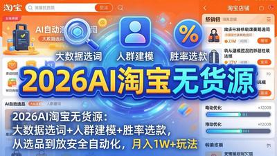 2026AI淘宝无货源-4月更新：大数据选词+人群建模+胜率选款，从选品到放大全自动化，月入1W+玩法