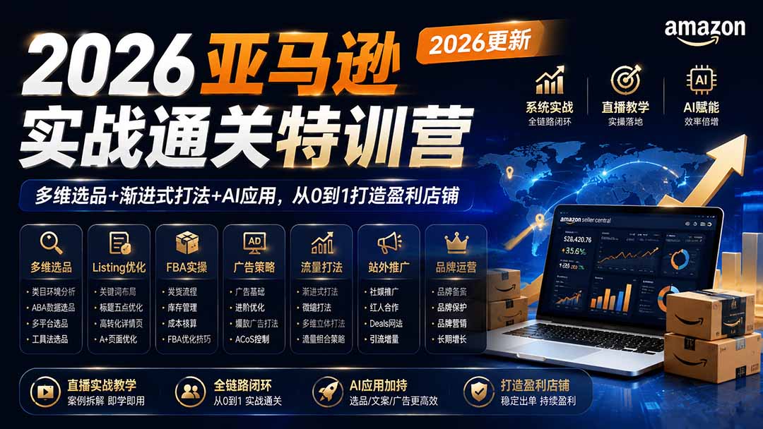 老陈聊跨境 2026亚马逊实战通关特训营-2026更新，多维选品+渐进式打法+AI应用，从0到1打造盈利店铺