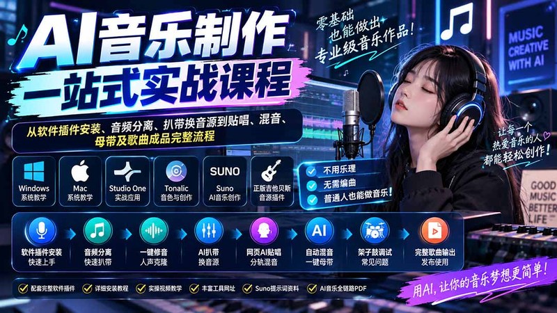 AI音乐制作一站式实战课程：从软件插件安装、音频分离、扒带换音源到贴唱、混音、母带及歌曲成品完整流程