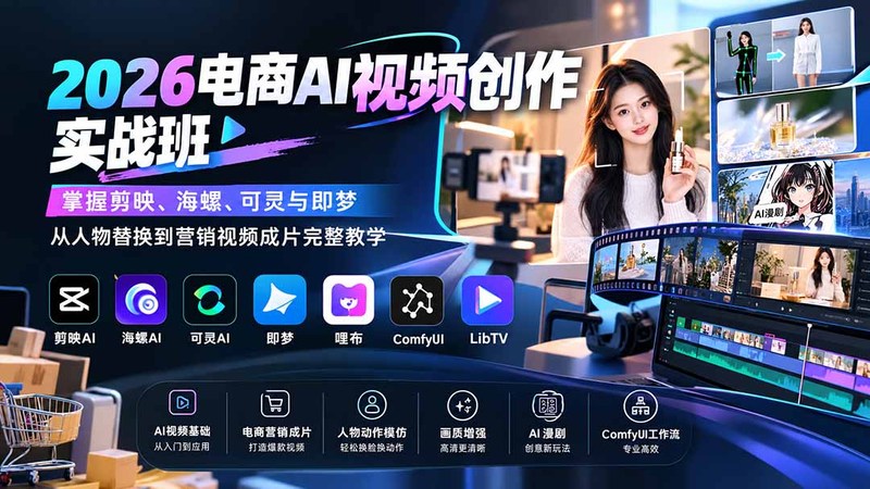 2026电商AI视频创作实战班：掌握剪映、海螺、可灵与即梦，从人物替换到营销视频成片完整教学
