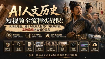 AI人文历史短视频全流程实战课-更新：从爆款选题、剧本分镜到人物资产与视频剪辑，系统跑通内容创作流程