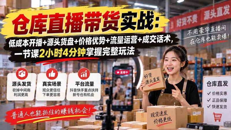 仓库直播带货实战：低成本开播+源头货盘+价格优势+流量运营+成交话术，一节课2小时4分钟掌握完整玩法