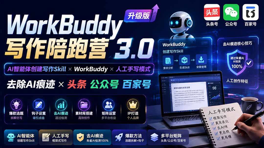 刘YC·AI写作陪跑 WorkBuddy写作陪跑营3.0-更新：Ai智能体创建写作Skill×WorkBuddy×人工手写模式×去除AI痕迹×头条公众号百家号