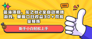 蓝海项目 龙之谷2全自动搬砖游戏，单窗口日收益30＋可批量矩阵